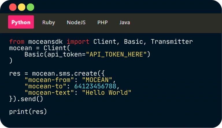 Python code example using Mocean’s SMS API to send instant messages